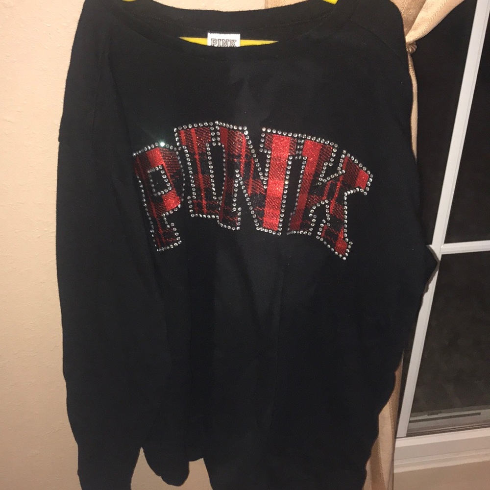 PINK Plaid Jeweled Crewneck